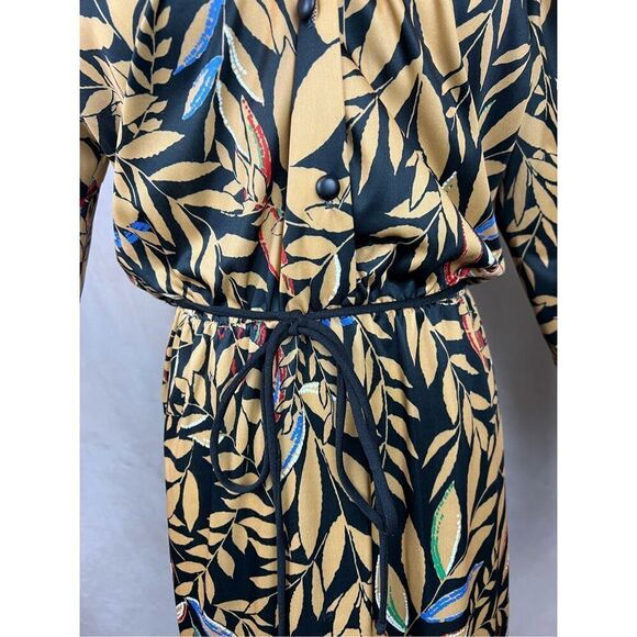 Vintage 70s 80s Botanical Print Dress XL Gold and Black Print - Picture 8 of 9